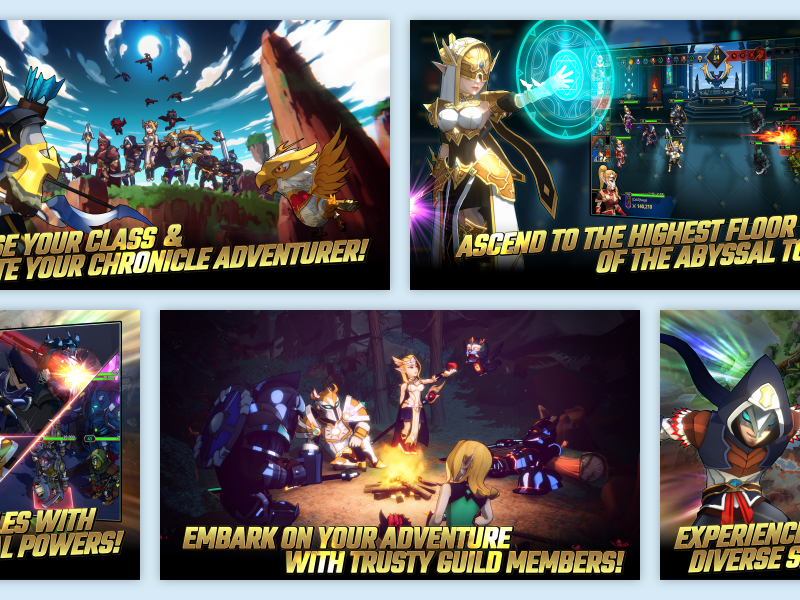 LOKC in-game screenshots — class selection, abyssal tower, guild mechanics, diverse characters